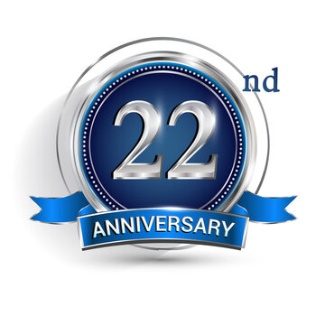 Celebrating 22nd anniversary logo, with silver ring and ribbon isolated on white background.