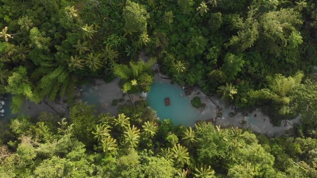 Total shot of the Majestic Cambugahay Falls , Lazi, Siquijor Island, Philippines Cinematic Drone Aerial in 4K