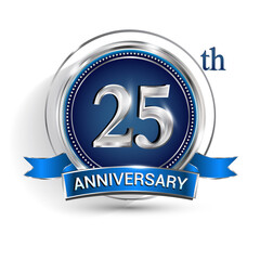 Celebrating 25th anniversary logo, with silver ring and ribbon isolated on white background.