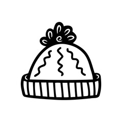 Hand drawn knitted hat isolated on a white background. Christmas elements. Doodle, simple outline illustration. It can be used for decoration of textile, paper.