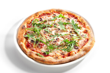 Pizza with Tuna, Olives and Arugula Side View Isolated
