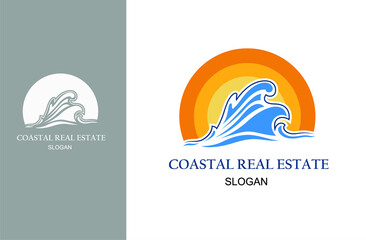 Abstract water wave vector logo concept with sun element. Swimming, surf, villa, cosmetic business template