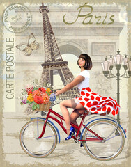 Paris vintage poster.Happy Pin-up girl on  a bike with flowers.