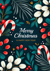 Christmas greeting card with ornaments of branches, berries and leaves. 