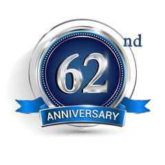 Celebrating 62nd anniversary logo, with silver ring and ribbon isolated on white background.