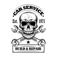 Fototapeta premium Car service vector illustration. Monochrome skull, crossed spanners, build and repair text. Car service or garage concept for emblems or labels templates