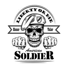 American soldier with fists vector illustration. Skull in beret, honor valor and liberty or death text. Military or army concept for emblems or tattoo templates