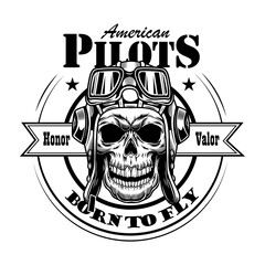 American pilot skull vector illustration. Head of skeleton in hat and goggles with honor valor and born to fly text. Military or army concept for emblems or tattoo templates © Bro Vector