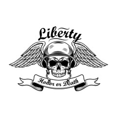 Soldier skull vector illustration. Head of skeleton in tankman helmet, wings, liberty, honor or death text. Military or army concept for emblems or tattoo templates