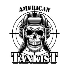 US tankman skull vector illustration. Head of skeleton in tankman hat, gunshot target and text. Military or army concept for emblems or tattoo templates