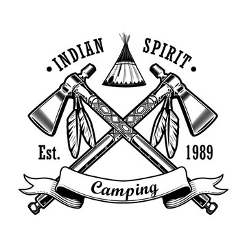 Indian Spirit camping vector illustration. Wigwam, crossed axes, text. Native Americans and Red Indian concept for emblems or labels templates