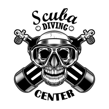 Scuba diver skull vector illustration. Head of skeleton with mask, crossed oxygen balloons from aqualung, text. Seaside activity concept for diving club emblems or labels templates