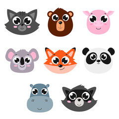 Set of cute animal faces. Vector cartoon illustrations. Isolated on white.