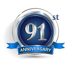 Celebrating 91st anniversary logo, with silver ring and ribbon isolated on white background.