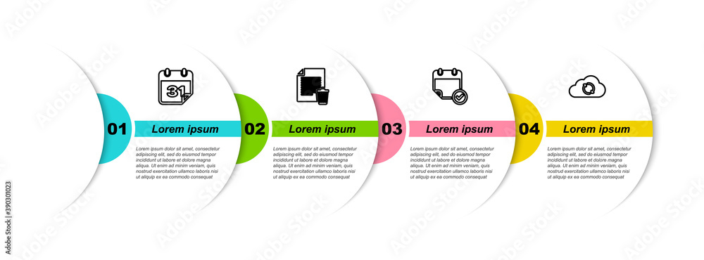 Poster set line calendar, delete file document, with check mark and cloud sync refresh. business infographi