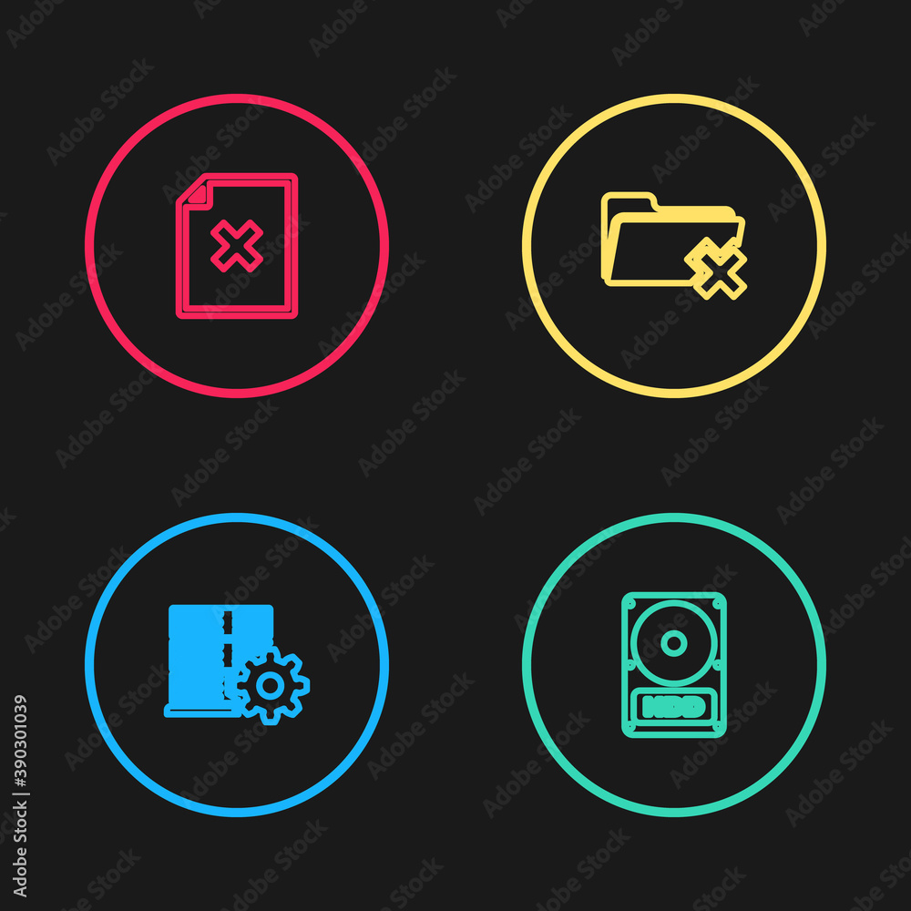 Poster set line server setting, hard disk drive hdd, delete folder and file document icon. vector.