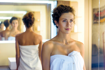 Fototapeta na wymiar Young woman reflecting herself in mirrors