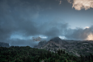 Fototapeta premium Scenic view of Mount Fisht at summer evening. Twilight. Caucasian Biosphere Reserve. Republic of Adygea, Russia. Wallpaper, Travel motivation concept.
