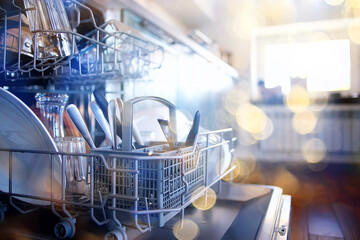 open dishwasher in the kitchen, dishes inside, clean plates in the kitchen lifestyle view