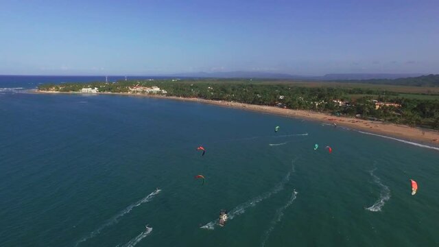 Aerial panoramic shot of kitesurf at Cabarete beach, Dominican Republic.