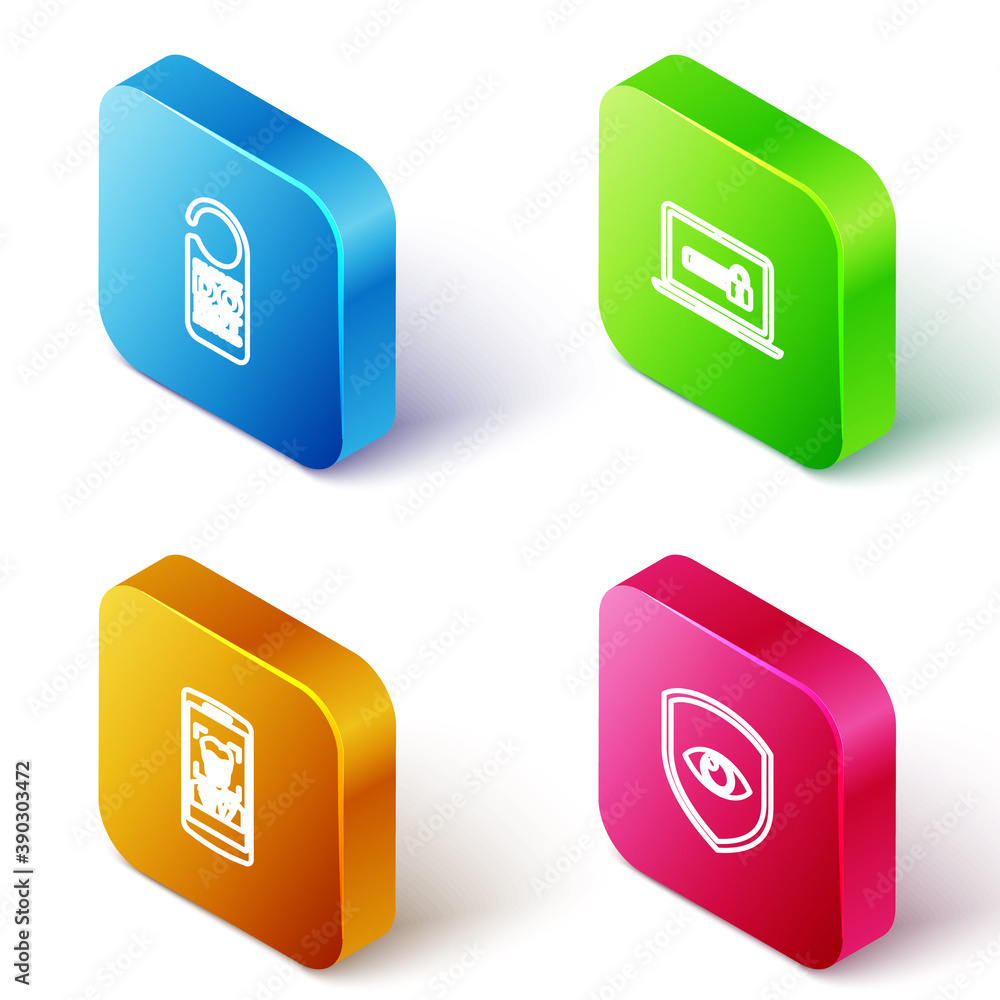 Poster set isometric line please do not disturb, laptop with password, mobile and face recognition and shie