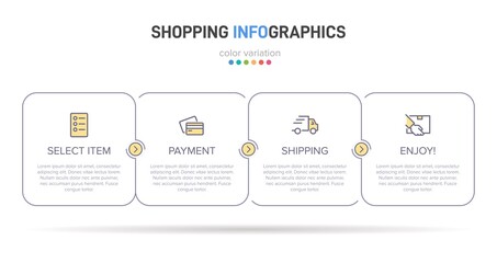 Concept of shopping process with 4 successive steps. Four colorful graphic elements. Timeline design for brochure, presentation, web site. Infographic design layout.