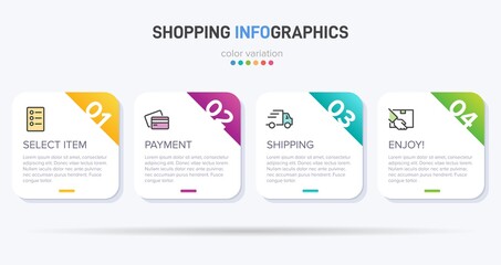 Fototapeta premium Concept of shopping process with 4 successive steps. Four colorful graphic elements. Timeline design for brochure, presentation, web site. Infographic design layout.
