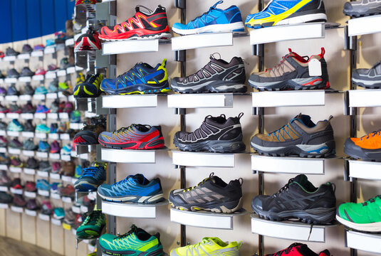 Image of large selection of sport multicolor shoes in store..