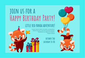 Birthday invitation card with cute red pandas. Ready-made invitation design with balloons, birthday hats and flags. Colorful vector illustration in cartoon style