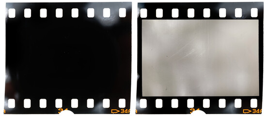 real 35mm film strip on white with and without blank picture frame, macro photo of old and vintage...