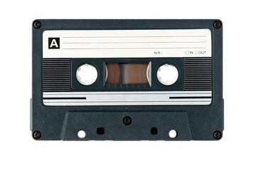 Black vintage audio cassette tape isolated on white background used in the eighties and nineties. Analog audio music recording. Retro style
