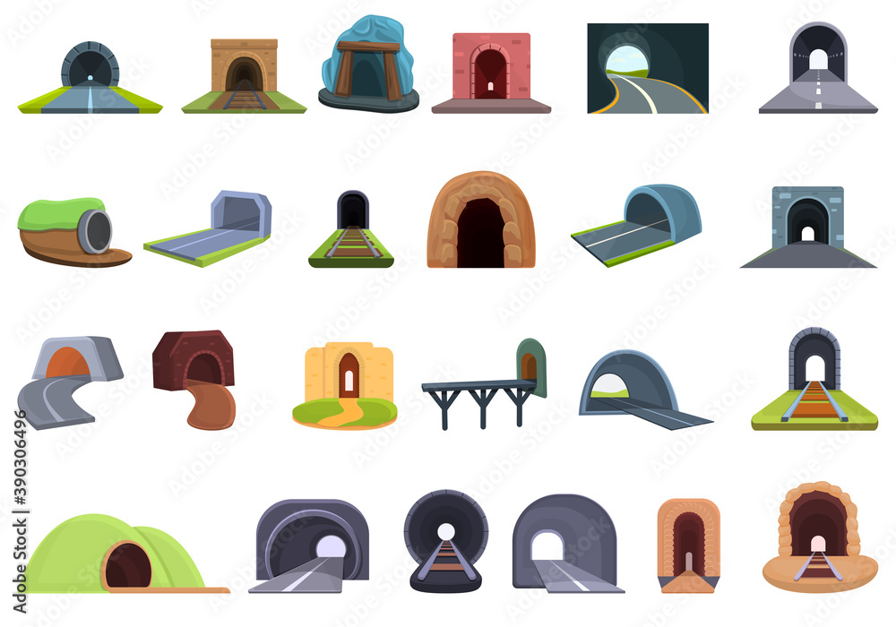 Poster tunnel icons set. cartoon set of tunnel vector icons for web design