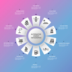 Infographic Alternative Energy template. Icons in different colors. Include Tidal Energy, Biomass Energy, Wind Energy, Geothermal Power and others.