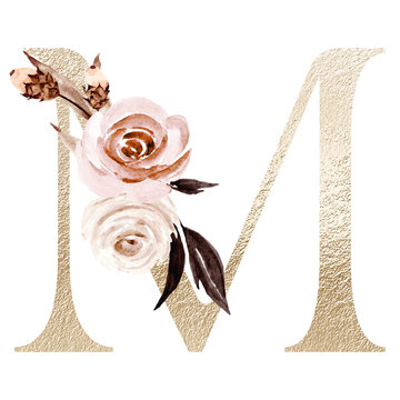 Floral alphabet, letter m with watercolor flowers and leaf. Gold monogram initials perfectly for wedding invitations, greeting card, logo, poster and other design. Holiday design hand painting.