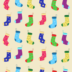 Seamless pattern Colorful bright set of Christmas socks for gift. Vector illustration.