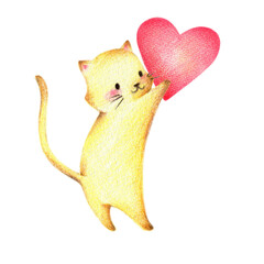 ハートを持ったねこ　手描き色鉛筆画