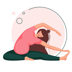 pregnant woman doing yoga. prenatal exercise. beautiful pregnant woman is sitting in the asana. Vector illustration in flat cartoon character isolated on white background.