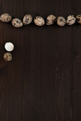 Quail eggs on a dark wooden background. Delicious and healthy Breakfast, lifestyle, ingredients for cooking different dishes. Photo of food.