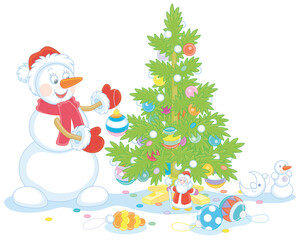 Friendly smiling snowman with a red hat, a warm scarf and mittens decorating a prickly green Christmas tree with colorful balls, garlands and toys, vector cartoon illustration