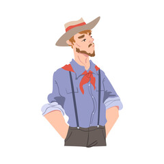 Young Man in Cowboy Hat and Bandana Scarf Cartoon Style Vector Illustration