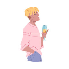 Fashion Man with Cool Hairstyle with Glass of Alcohol Drink Cartoon Style Vector Illustration