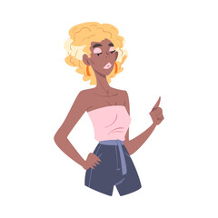 Pretty African American Woman in Fashionable Clothes and Blonde Hair Cartoon Style Vector Illustration