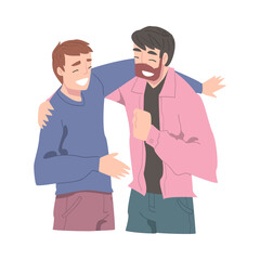 Two Smiling Men Hugging, Male Friendship Concept Cartoon Style Vector Illustration