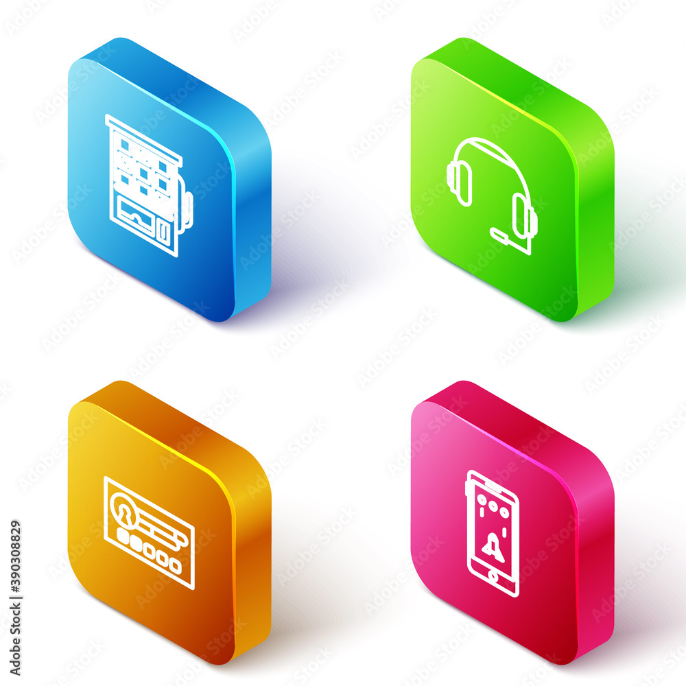 Poster set isometric line slot machine, headphones, create account screen and mobile and playing game icon.