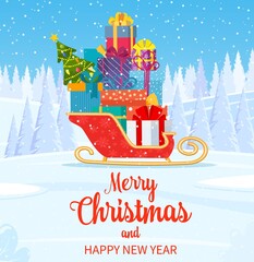 Santa claus sleigh with gifts boxes with bows and christmas tree. Happy new year decoration. Merry christmas holiday. New year and xmas celebration. Vector illustration in flat style