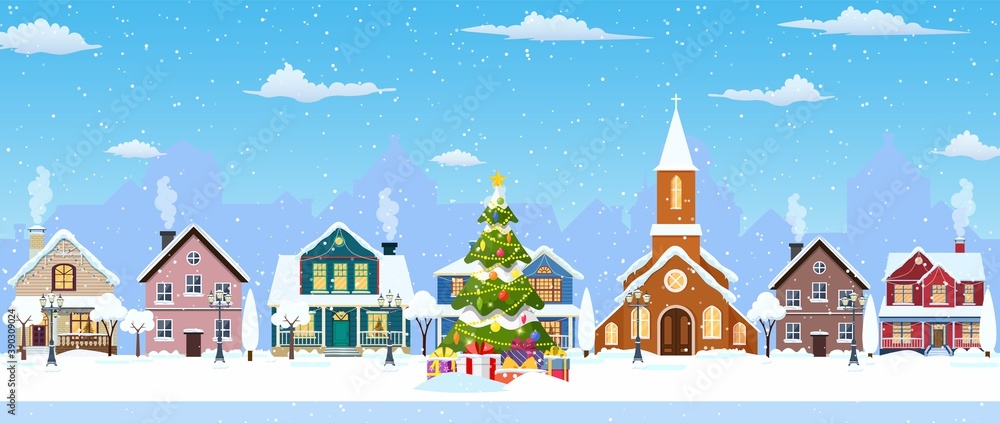 Wall mural happy new year and merry Christmas winter old town street. christmas town city seamless border panorama. Vector illustration in flat style