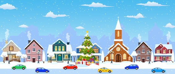 happy new year and merry Christmas winter old town street. christmas town city seamless border panorama. Vector illustration in flat style.