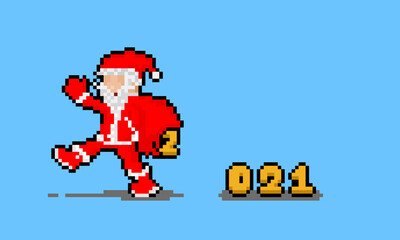 Pixel art cartoon santa claus characer with 2021 number dropping from broken bag.