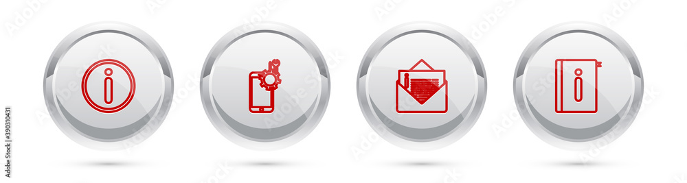 Poster set line information, mobile service, envelope and user manual. silver circle button. vector.