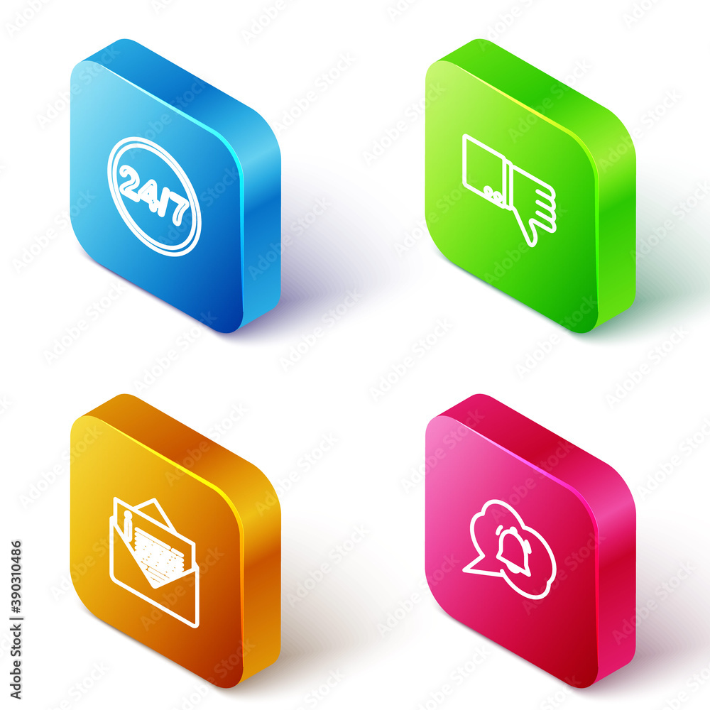 Poster set isometric line clock 24 hours, dislike, envelope and speech bubble chat notification icon. vecto